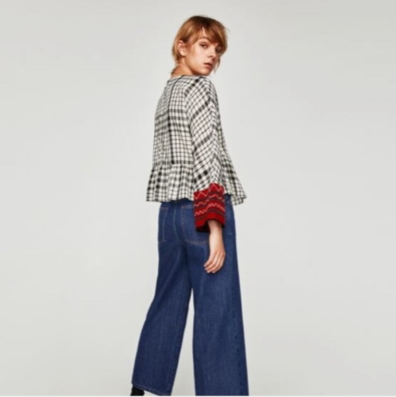 Zara Women's Embroidery Top Blouse Black and White Plaid size Medium - Picture 3 of 11